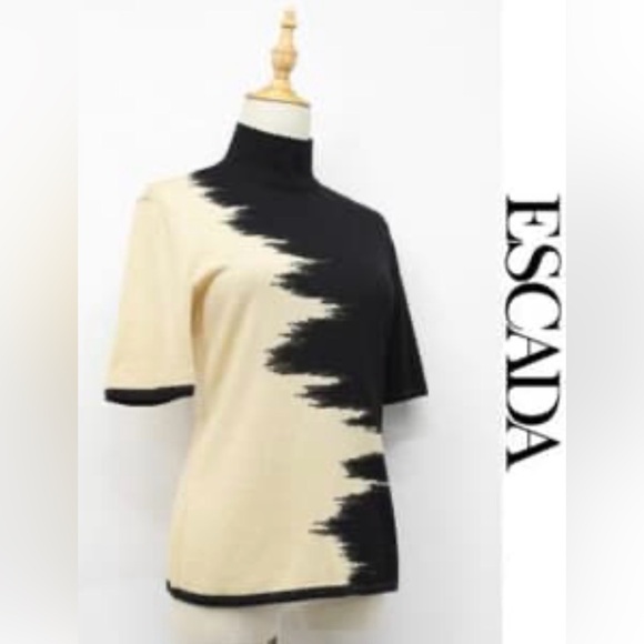 ESCADA Short Sleeve Knit Top in Black & Beige with Gold Threads Size 36/S *EUC* - Picture 10 of 10